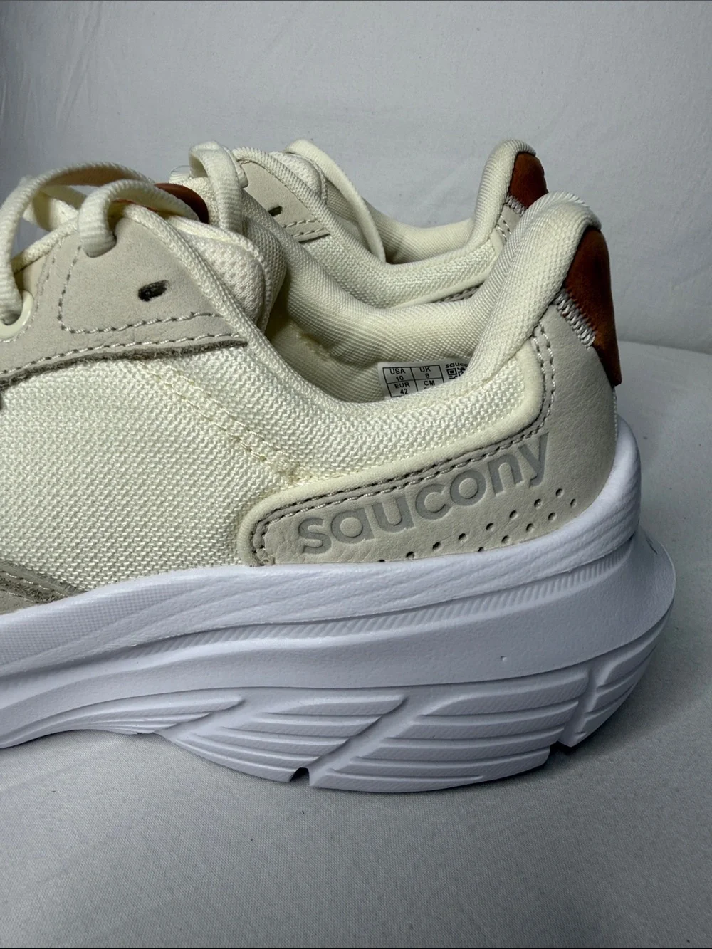 Saucony PWRrun Cream White Athletic Sneakers with Tan Accents